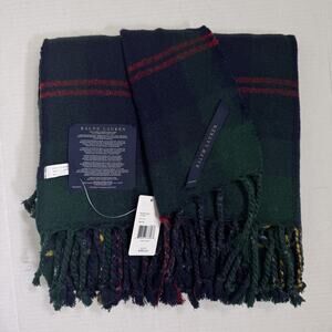 Ralph Lauren Throw Blanket Langport Wool Linen Tarten Plaid Fringe 54 x 72